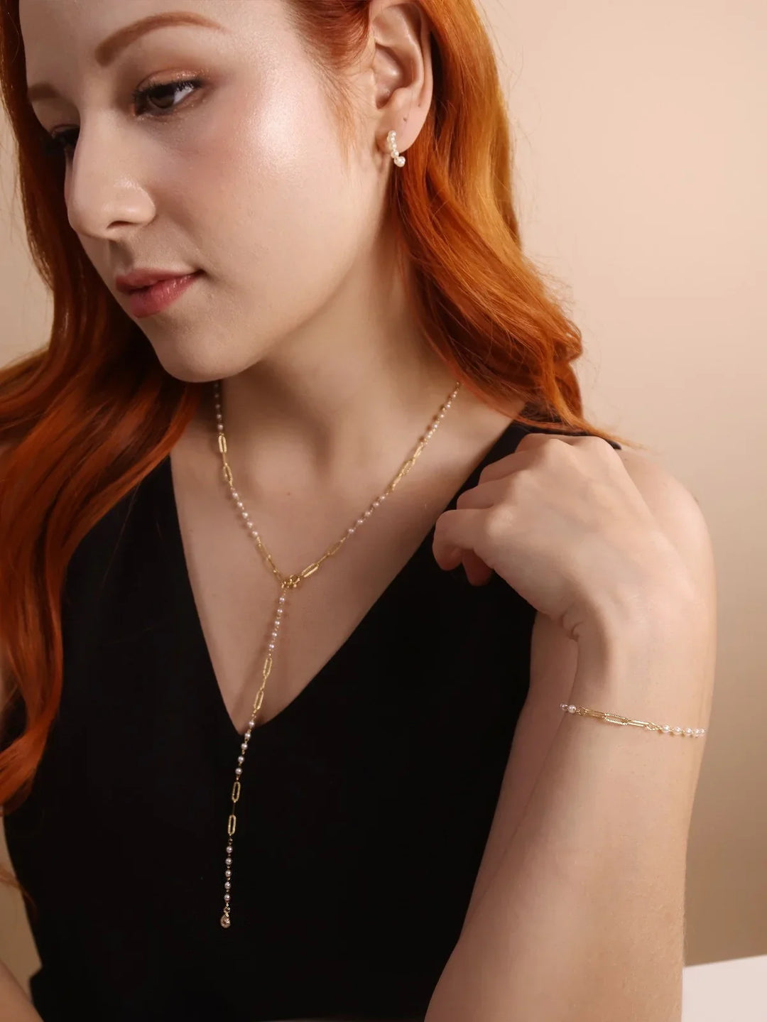 18k Gold Filled Diamond Cut Paperclip & Pearls Bracelet