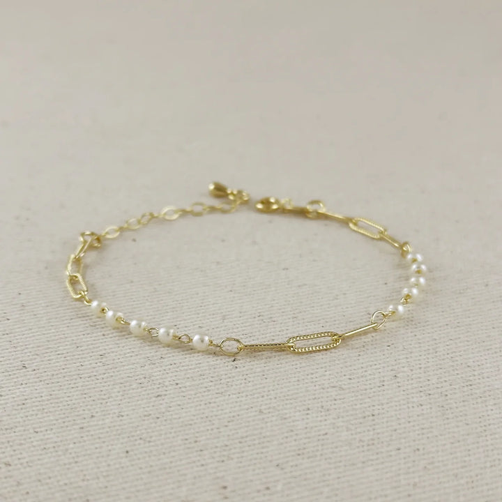 18k Gold Filled Diamond Cut Paperclip & Pearls Bracelet