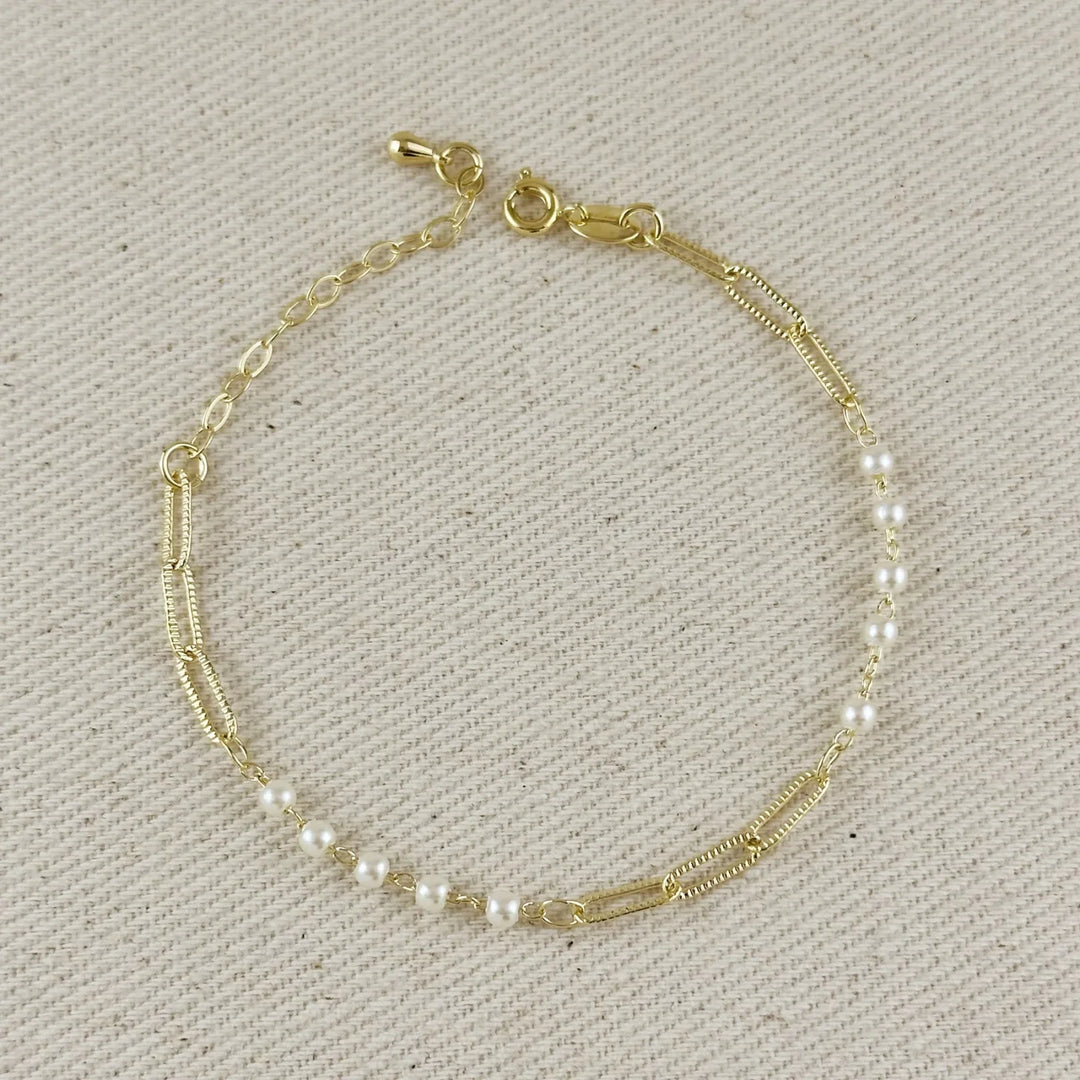18k Gold Filled Diamond Cut Paperclip & Pearls Bracelet