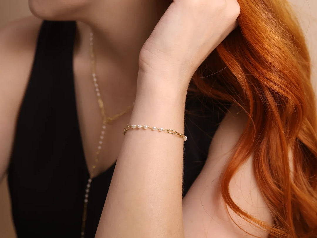 18k Gold Filled Diamond Cut Paperclip & Pearls Bracelet