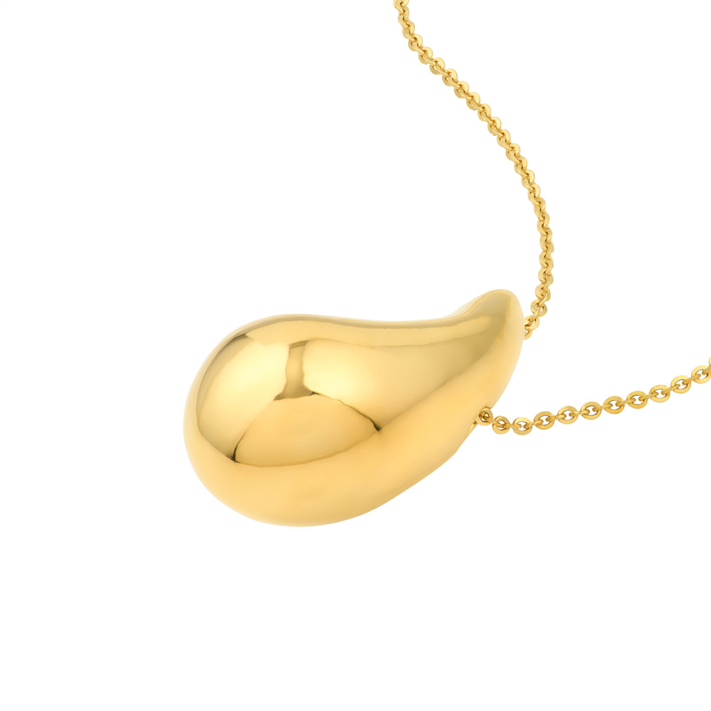 14K Yellow Gold Puffy, Chunky Teardrop Dome Necklace