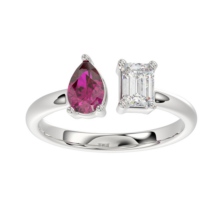 1.00 Carat Lab-Grown Emerald and Ruby Two Stone Ring | 14K White Gold | Toi et Moi Style