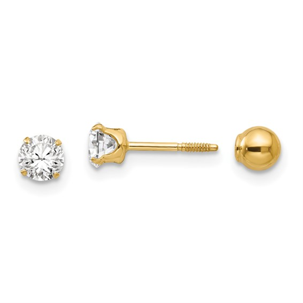 14K Yellow Gold Polished Reversible Cubic Zirconia and 4mm Ball Youth Earrings