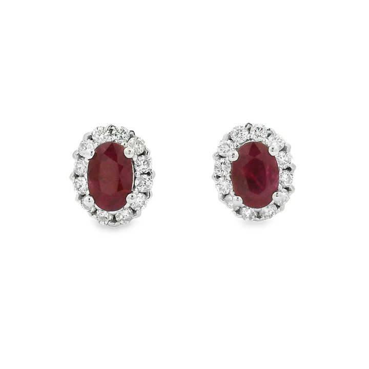 1.17 Carat Oval Natural Ruby and Diamond Stud Earrings | 14K White Gold