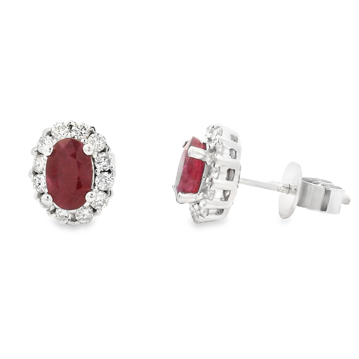 1.17 Carat Oval Natural Ruby and Diamond Stud Earrings | 14K White Gold